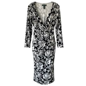 LAUREN RALPH LAUREN Black white midi dress long sleeve